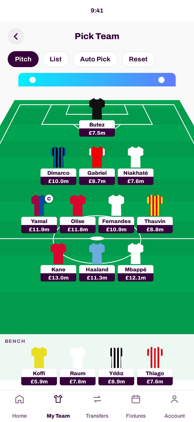 The Pick Team screen: a squad on the pitch with players from all five leagues, prices under each name and the captain marked.